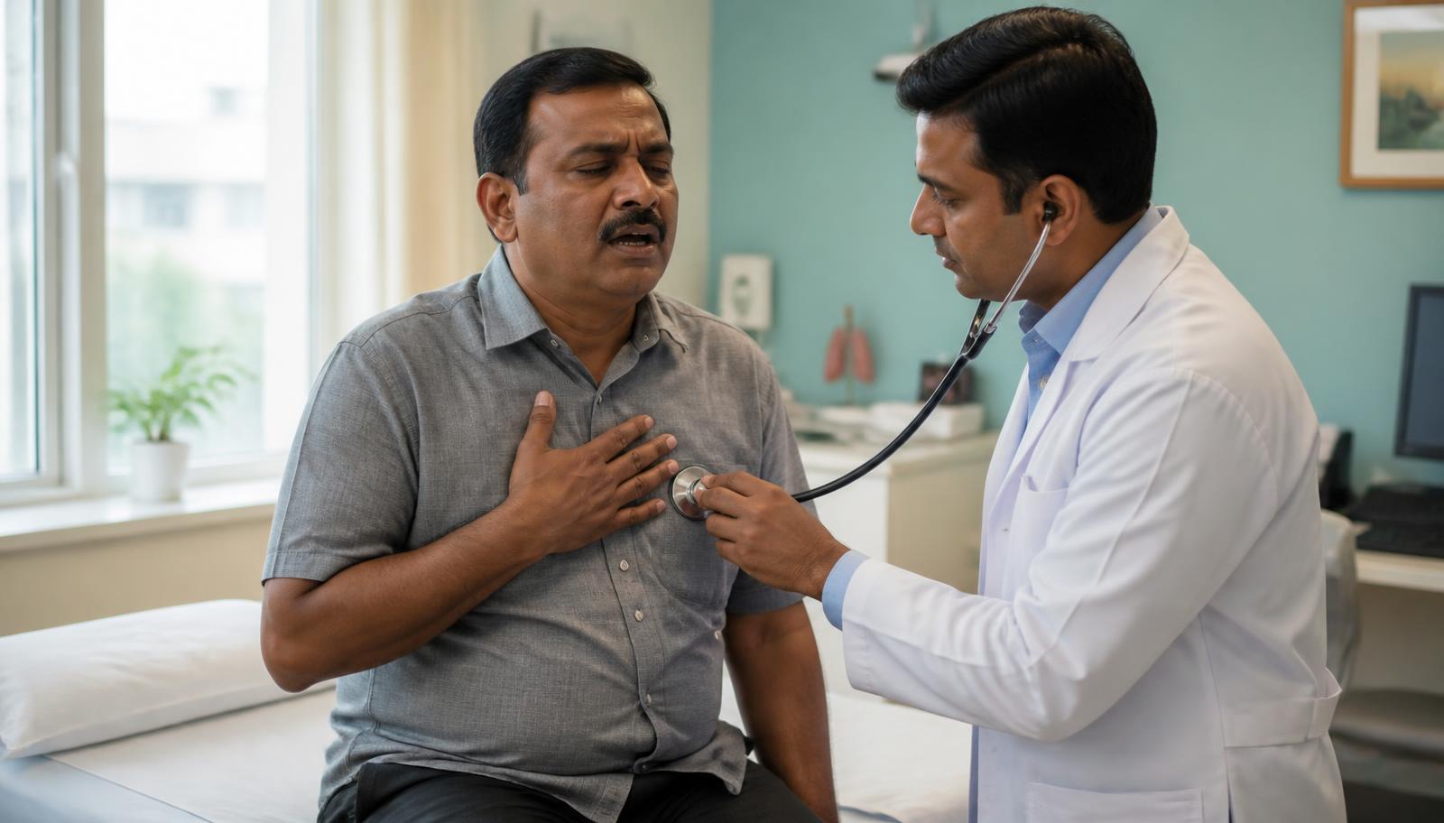 Pulmonologist in Bharuch examining a middle-aged man with shortness of breath using a stethoscope